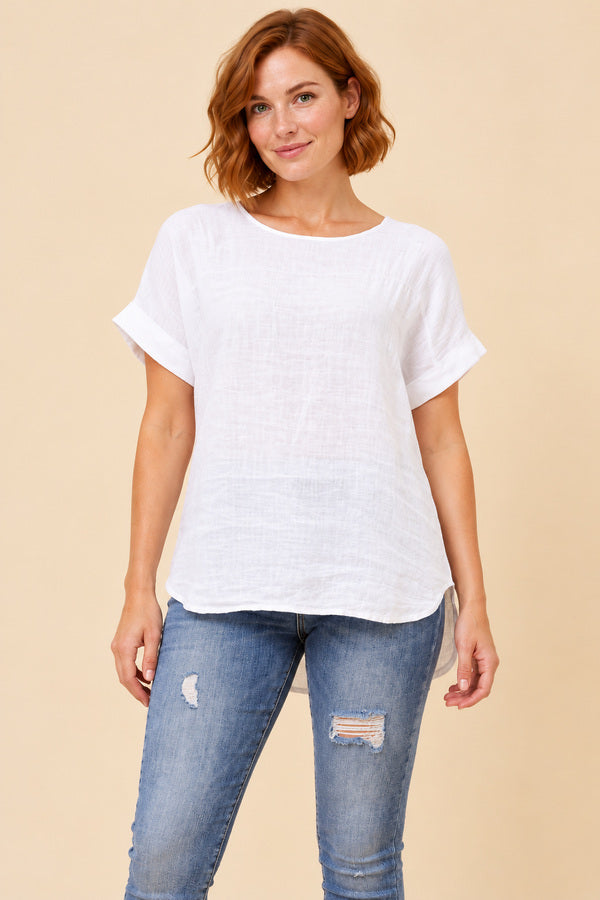Charlotte Linen Top White – short red-haired model, view 1