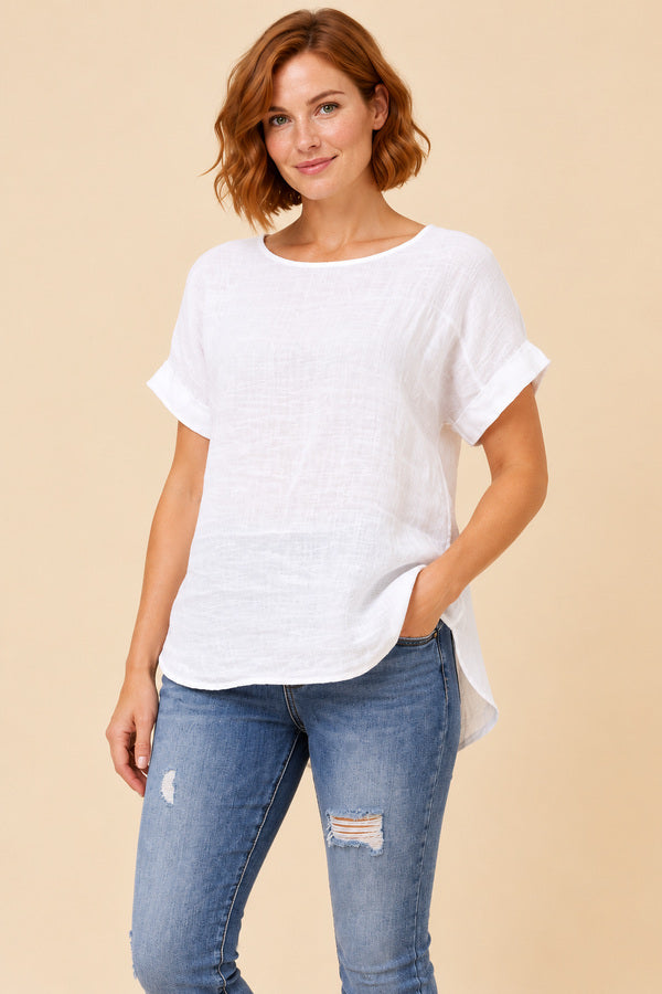 Charlotte Linen Top White – short red-haired model, view 2