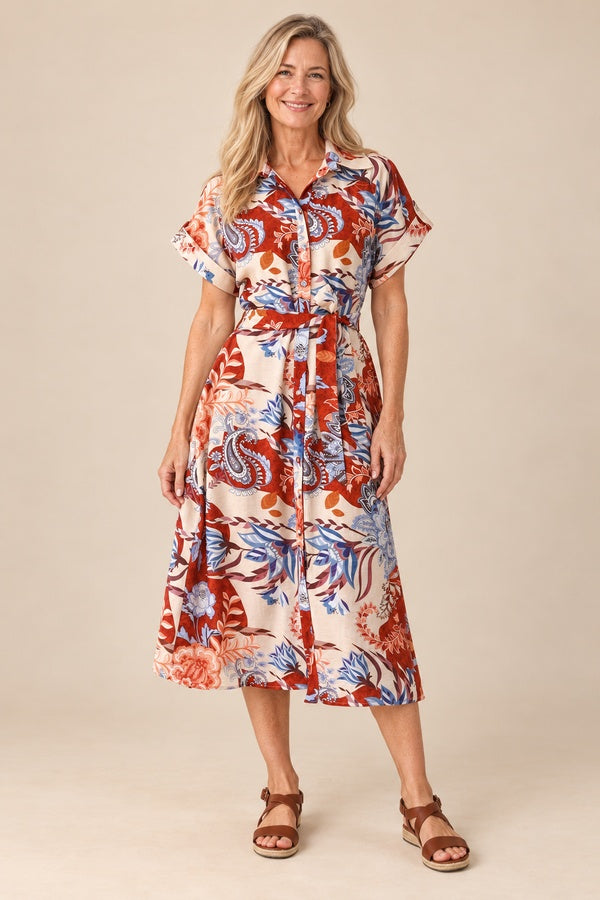 Eden Midi Dress on a long-haired blonde model, front view
