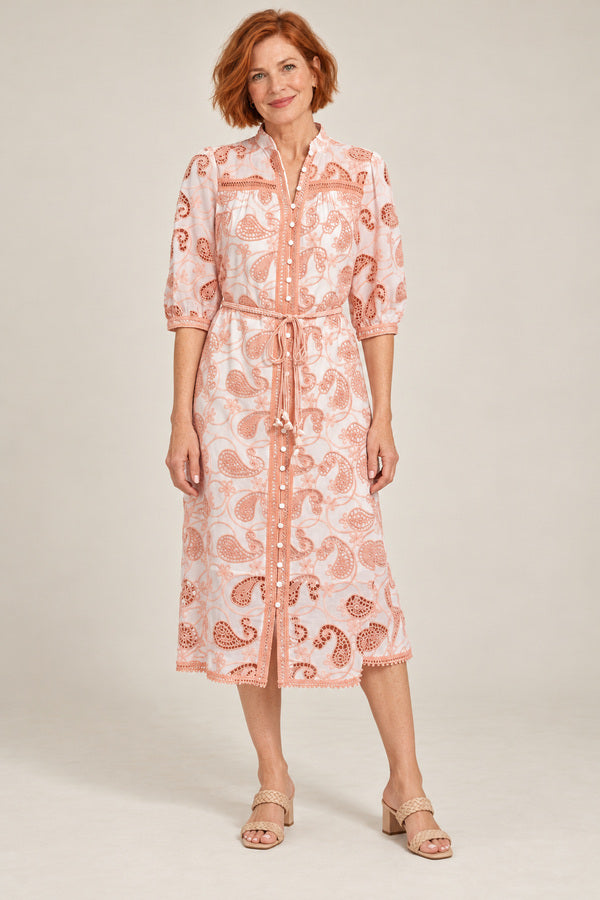 Serena Embroidery Midi Dress - Salmon Pink – short red-haired model aged 55, view 1