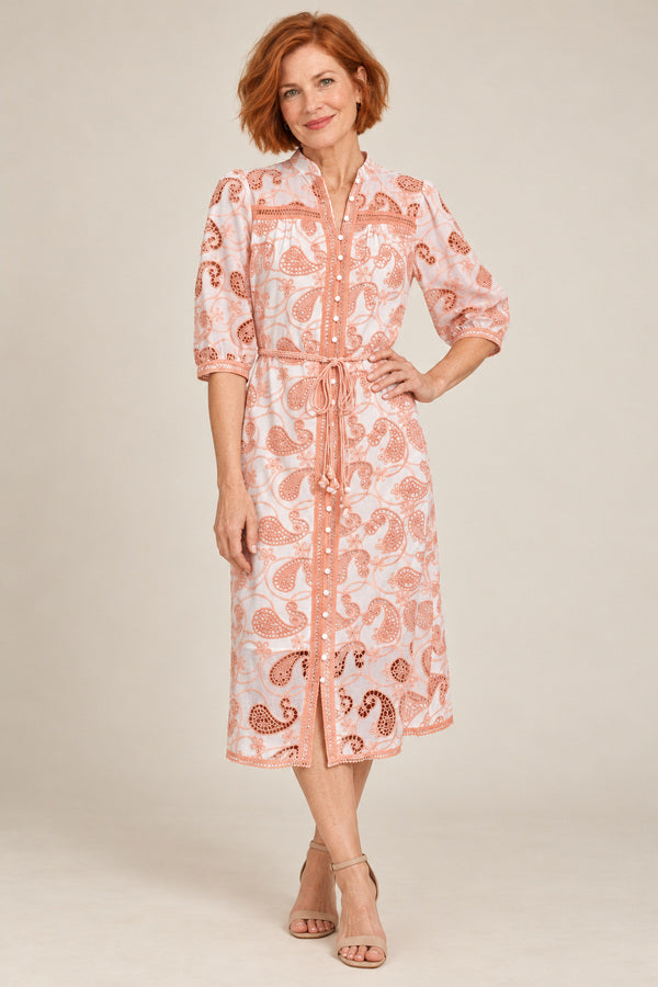 Serena Embroidery Midi Dress - Salmon Pink – short red-haired model aged 55, view 2