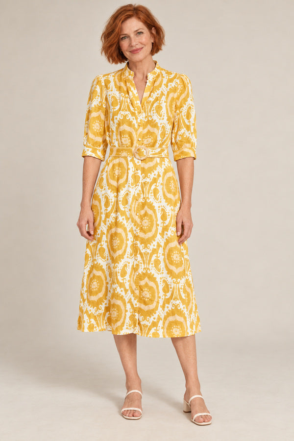 Abyss Midi Linen Dress - Mustard/Yellow – short red-haired model aged 55, view 1