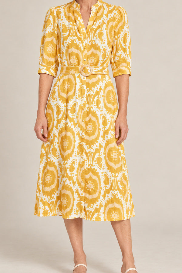 Abyss Midi Linen Dress - Mustard/Yellow – short red-haired model aged 55, view 3