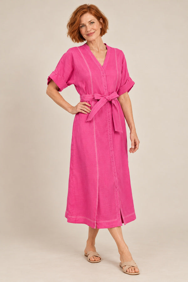 Sabine Linen Dress - Pink – short red-haired model aged 55, view 2