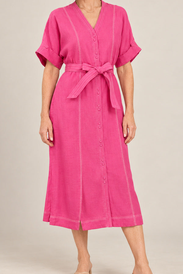 Sabine Linen Dress - Pink – short red-haired model aged 55, view 3