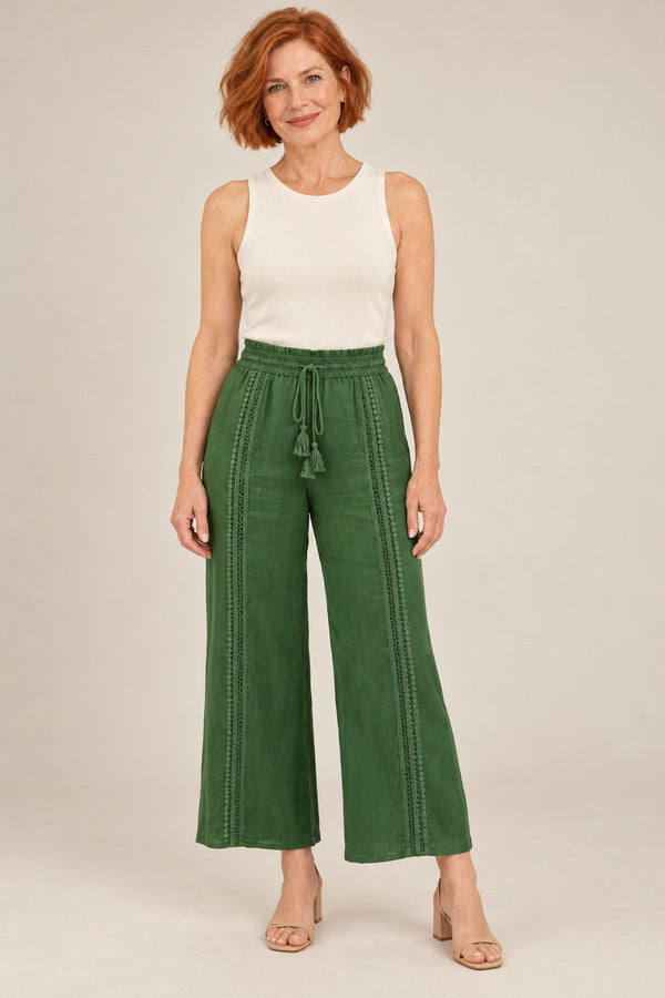 Asteria Linen Pants - Green – short red-haired model aged 55, view 1