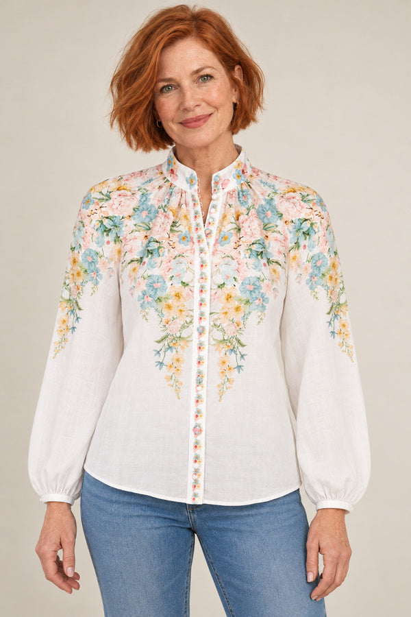 GDS Celeste Long Sleeve Linen Blouse - Mint – short red-haired model aged 55, view 1
