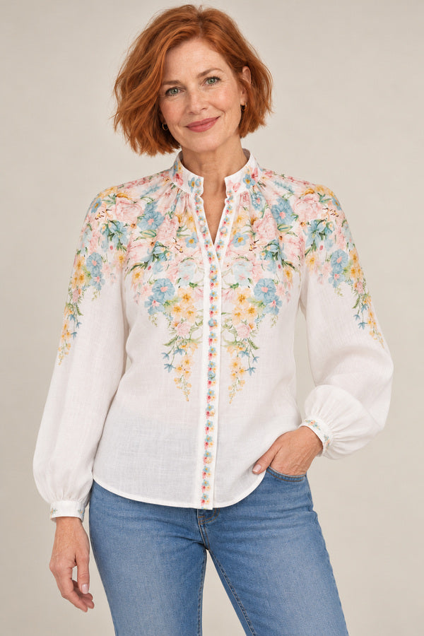 GDS Celeste Long Sleeve Linen Blouse - Mint – short red-haired model aged 55, view 2