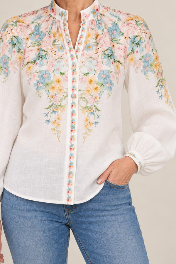 GDS Celeste Long Sleeve Linen Blouse - Mint – short red-haired model aged 55, view 4