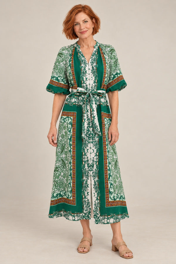 GDS Oceane Linen Long Dress - Green – short red-haired model aged 55, view 1