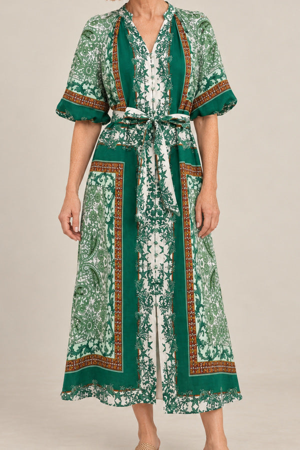 GDS Oceane Linen Long Dress - Green – short red-haired model aged 55, view 3