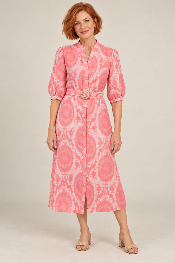 GDS Abyss Long Linen Dress - Pink – short red-haired model aged 55, view 1