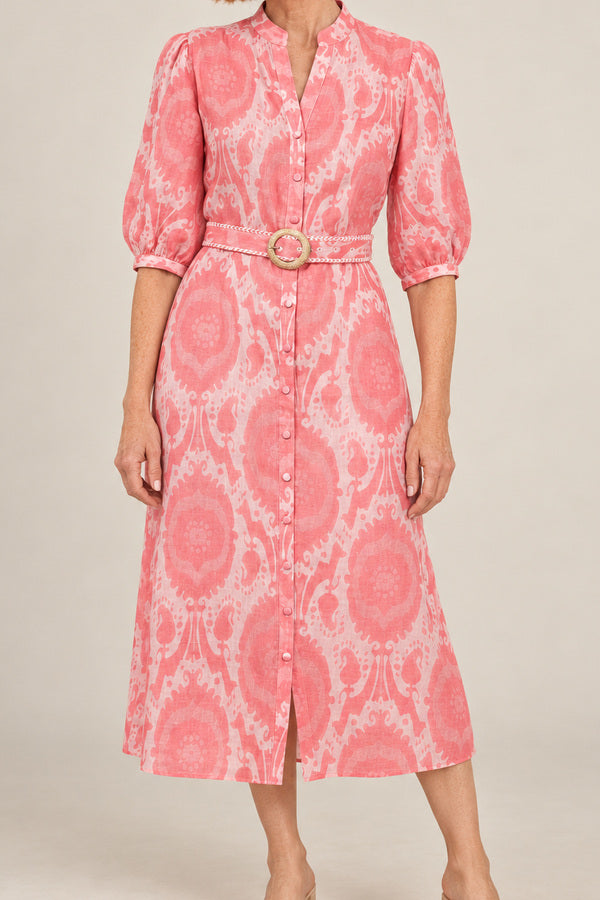 GDS Abyss Long Linen Dress - Pink – short red-haired model aged 55, view 3