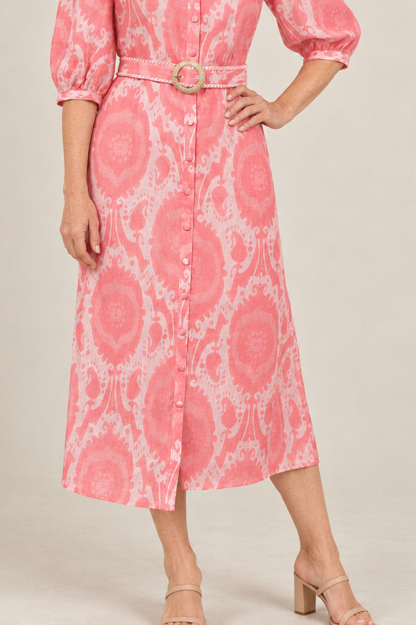 GDS Abyss Long Linen Dress - Pink – short red-haired model aged 55, view 4