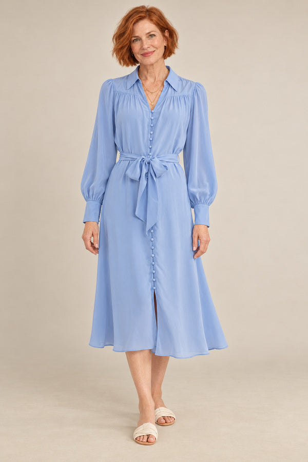 GDS Silk Peony Dress - French Blue – short red-haired model aged 55, view 1