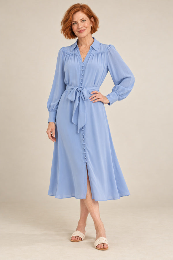 GDS Silk Peony Dress - French Blue – short red-haired model aged 55, view 2