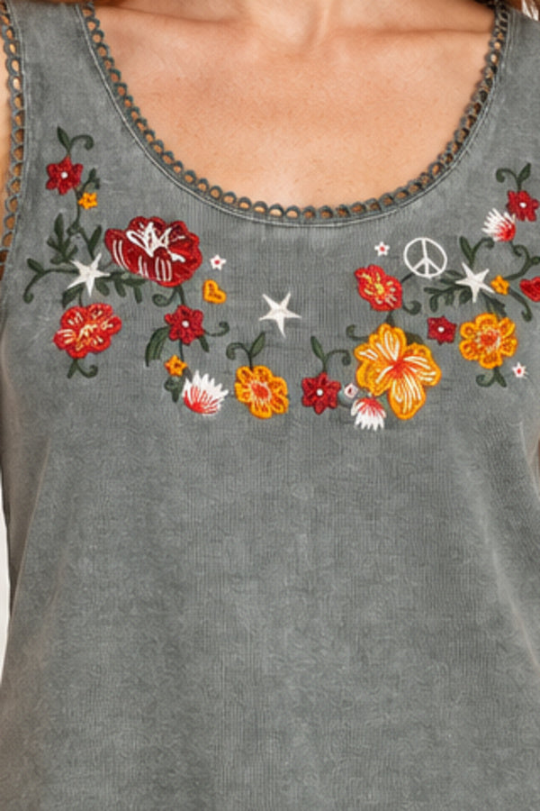 Sweet Ivy Jeanie Singlet green cotton embroidered top — floral embroidery detail