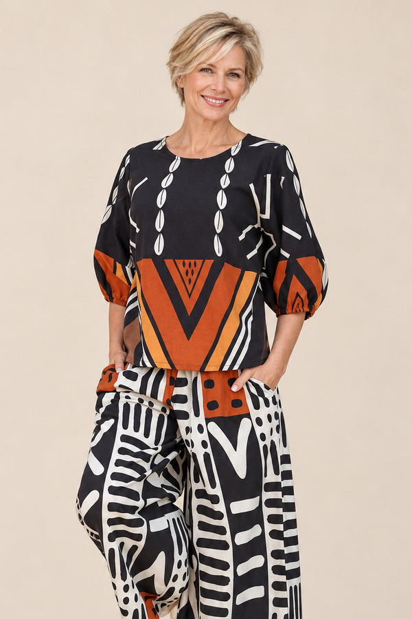 Peacock Feather Top – AI-styled blonde model view 2