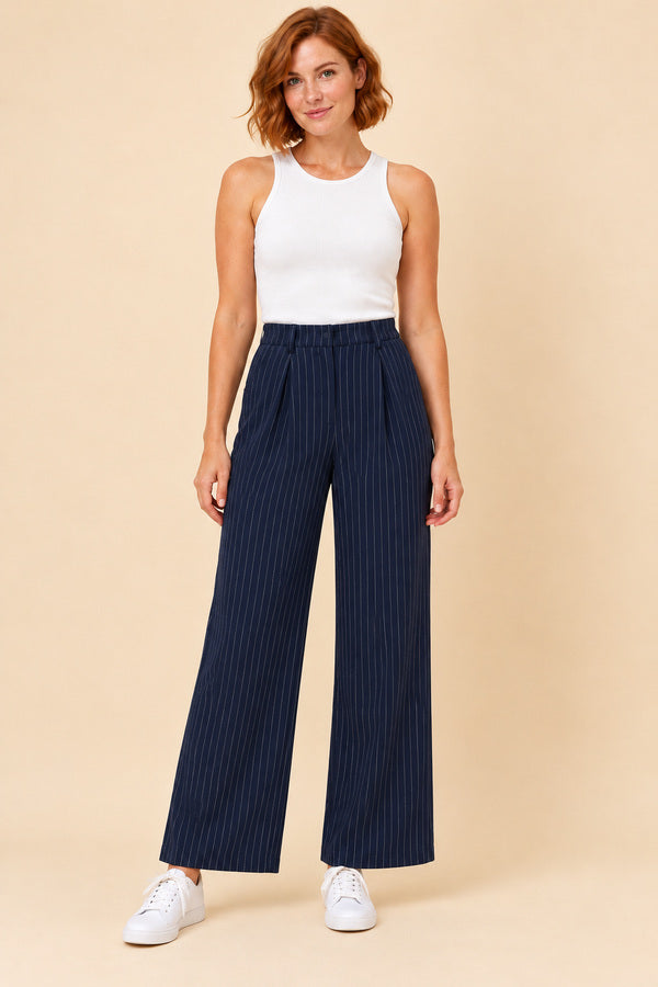 Pippa Pinstripe Pants – short red-haired model, view 1