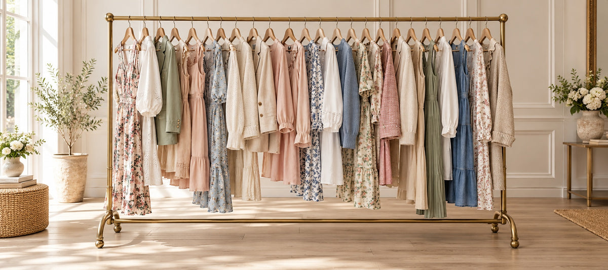 A neatly styled clothes rack filled with women's fashion in a warm neutral boutique