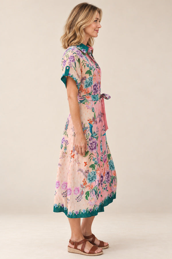 Priscilla in Pink dress – AI-styled blonde model view 2