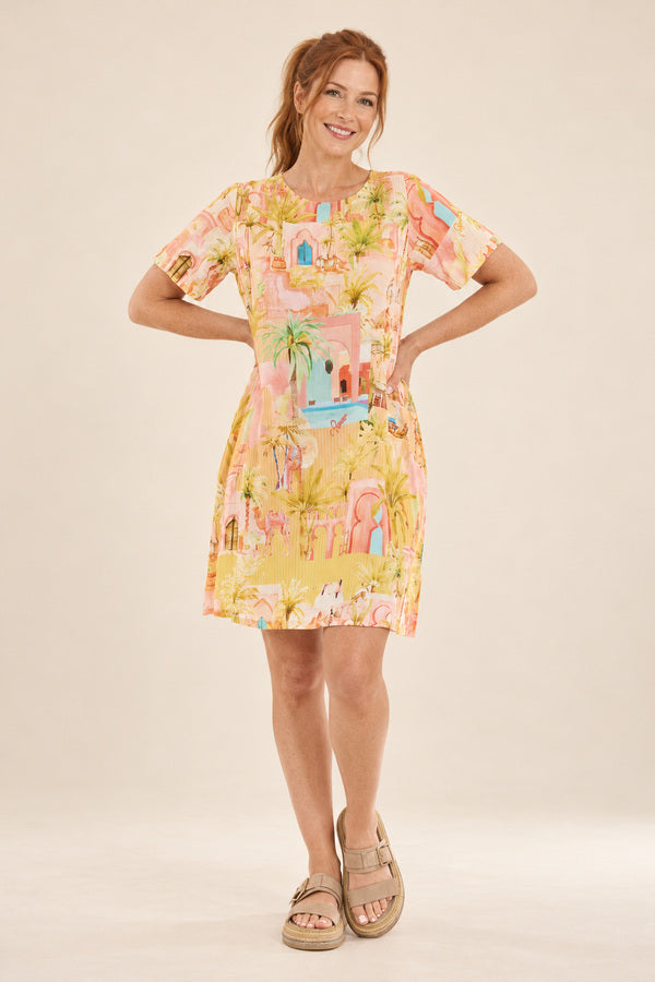 Sabina Contemporary Dress – AI-styled redhead ponytail model view 1
