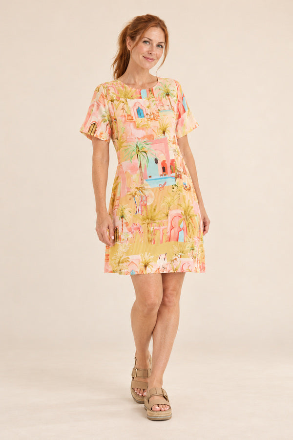 Sabina Contemporary Dress – AI-styled redhead ponytail model view 2