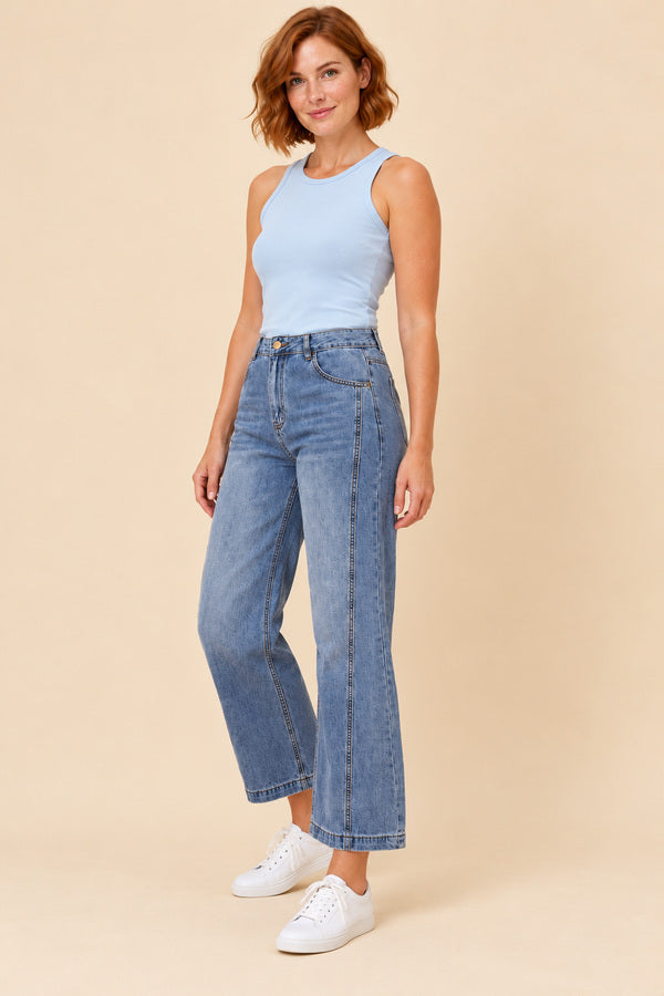 Sabrina Denim Pants – short red-haired model, side view