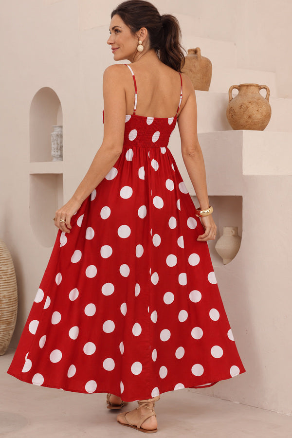 Samara red polka dot dress – AI-styled dark-haired model back view