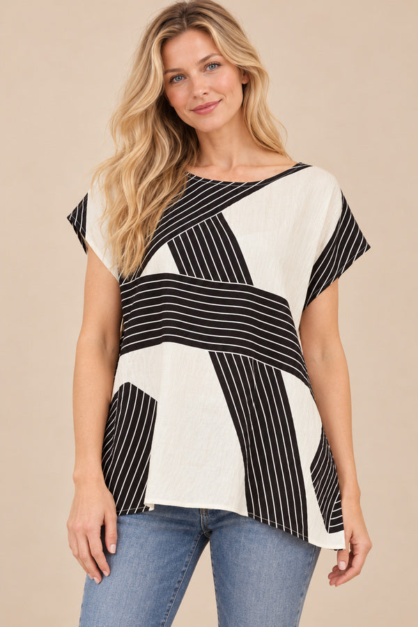 Sonia Abstract Top – blonde model, view 1