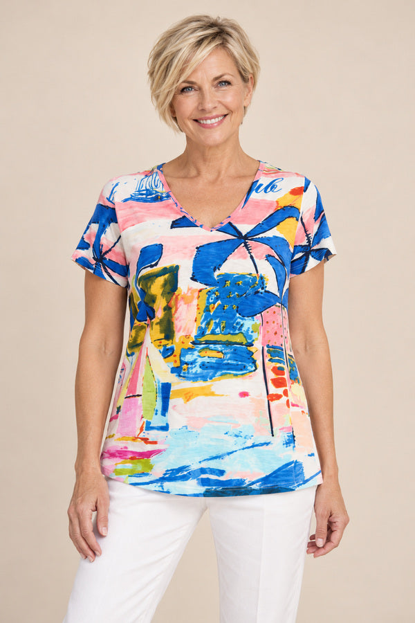 Yaught Club Tshirt – AI-styled short-haired blonde model view 1