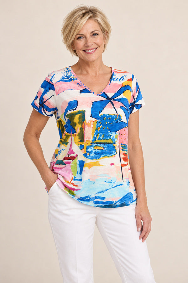 Yaught Club Tshirt – AI-styled short-haired blonde model view 2